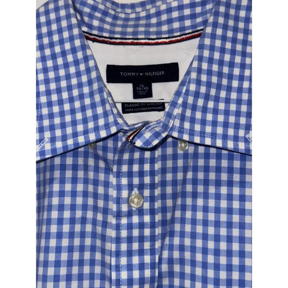 Tommy Hilfiger Classic Fit Stretch Men Blue White Gingham Dress Shirt XL Button - Picture 2 of 9